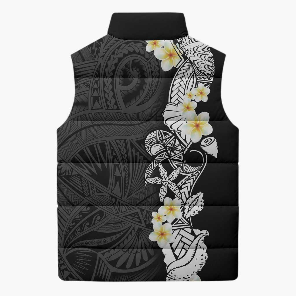 Black Samoa Tattoo Sleeveless Puffer Jacket Plumeria Samoan Ocean Tatau Pattern - Polynesian Pride