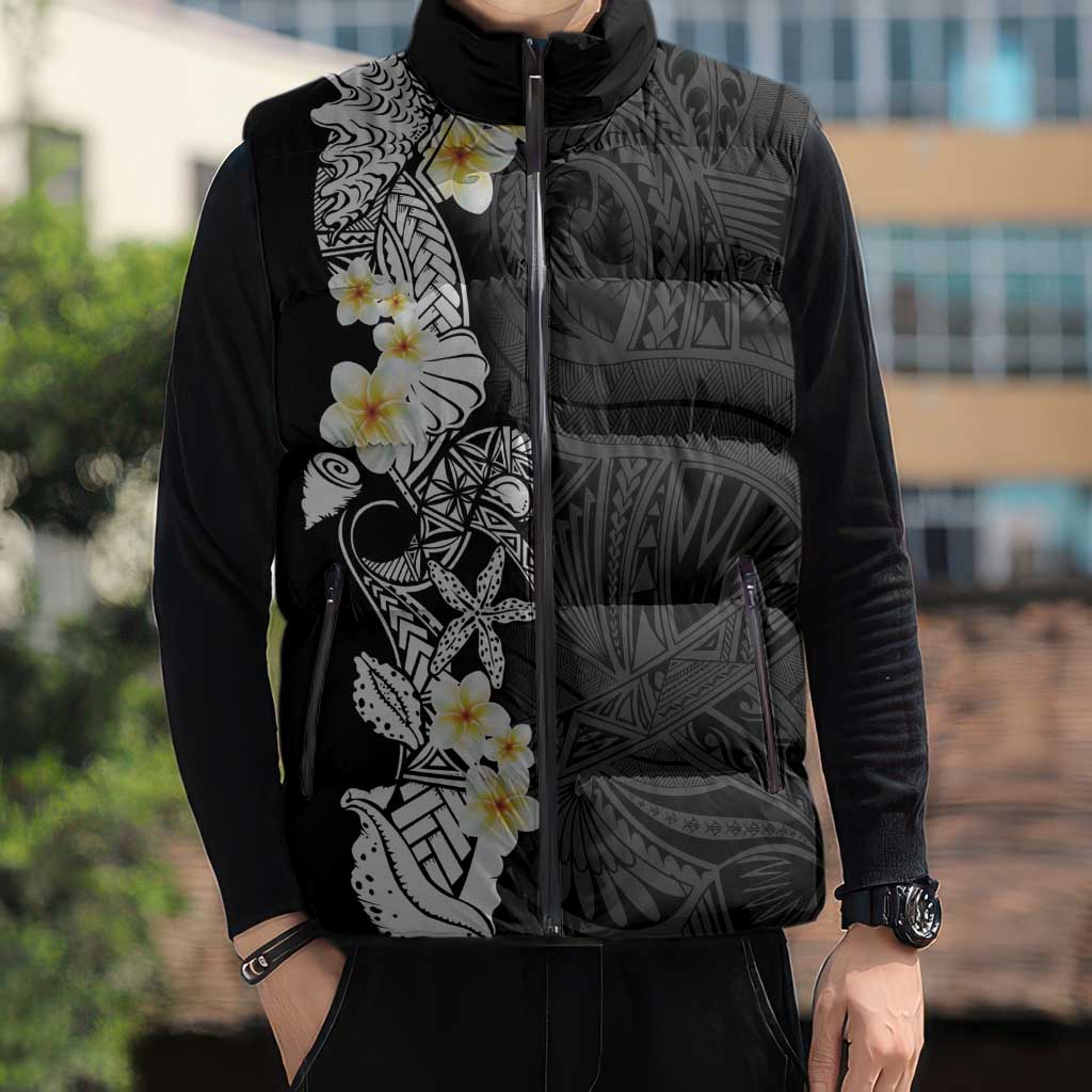 Black Samoa Tattoo Sleeveless Puffer Jacket Plumeria Samoan Ocean Tatau Pattern - Polynesian Pride