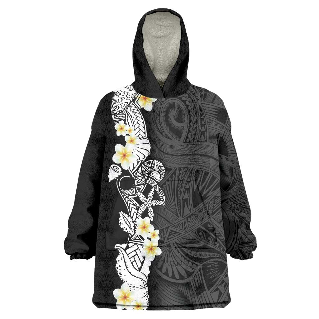 Black Samoa Tattoo Wearable Blanket Hoodie Plumeria Samoan Ocean Tatau Pattern - Polynesian Pride