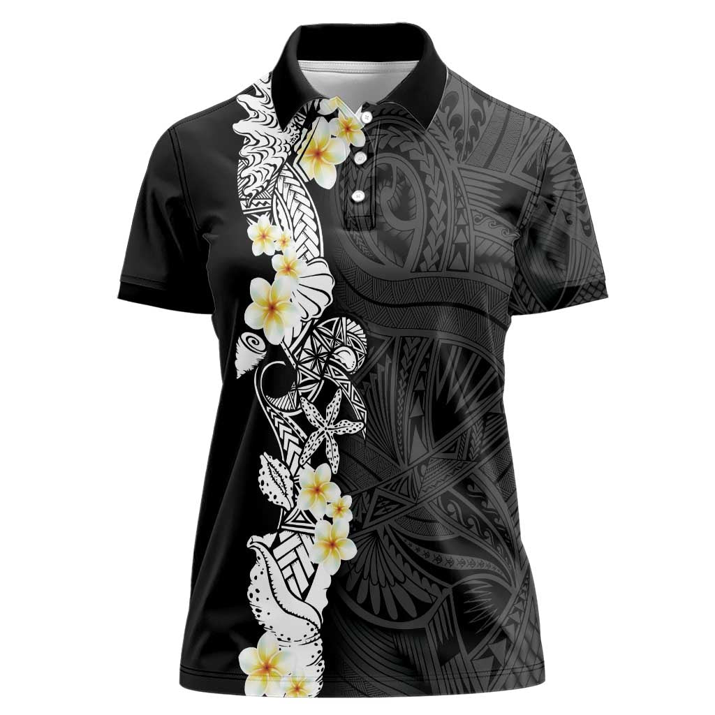 Black Samoa Tattoo Women Polo Shirt Plumeria Samoan Ocean Tatau Pattern - Polynesian Pride
