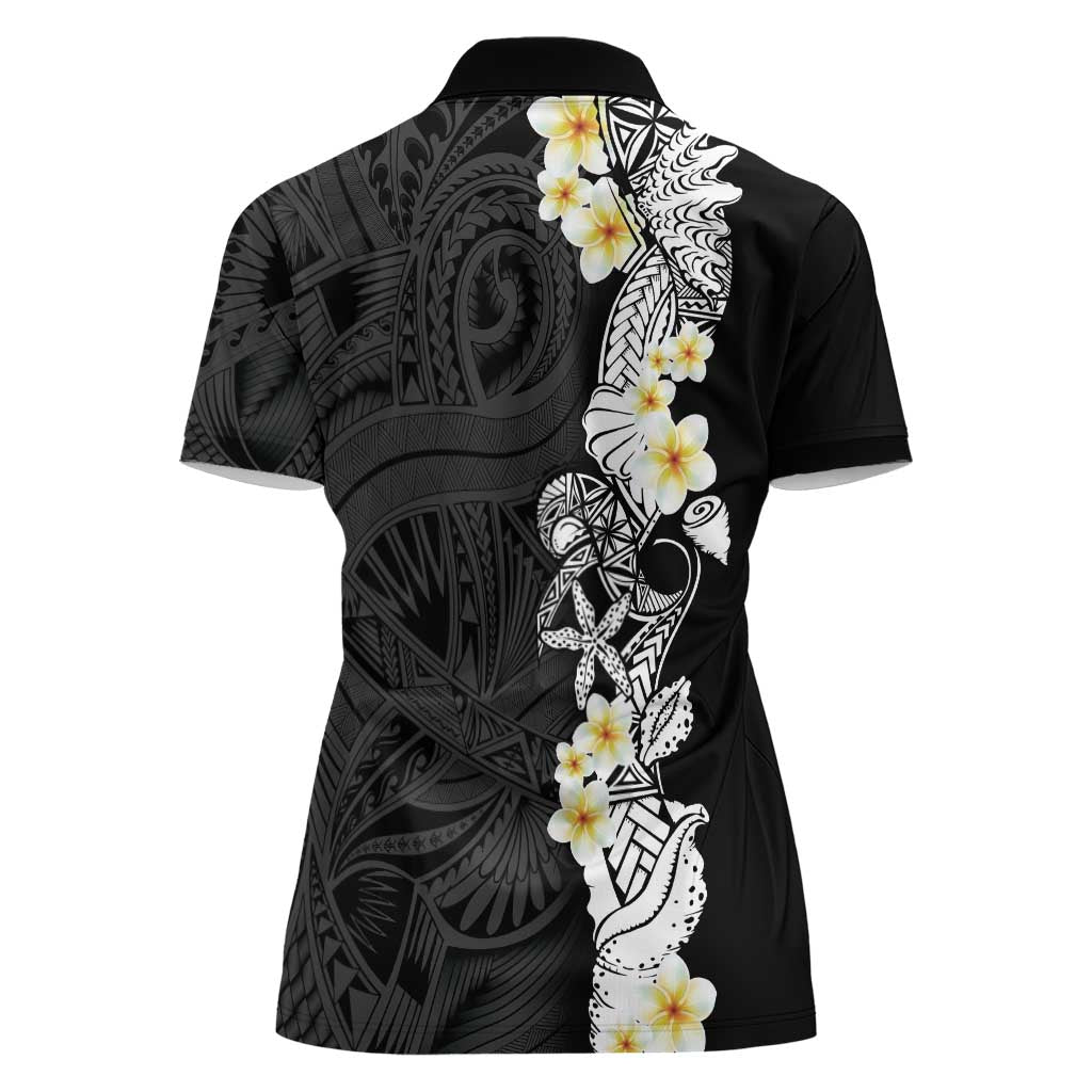 Black Samoa Tattoo Women Polo Shirt Plumeria Samoan Ocean Tatau Pattern - Polynesian Pride