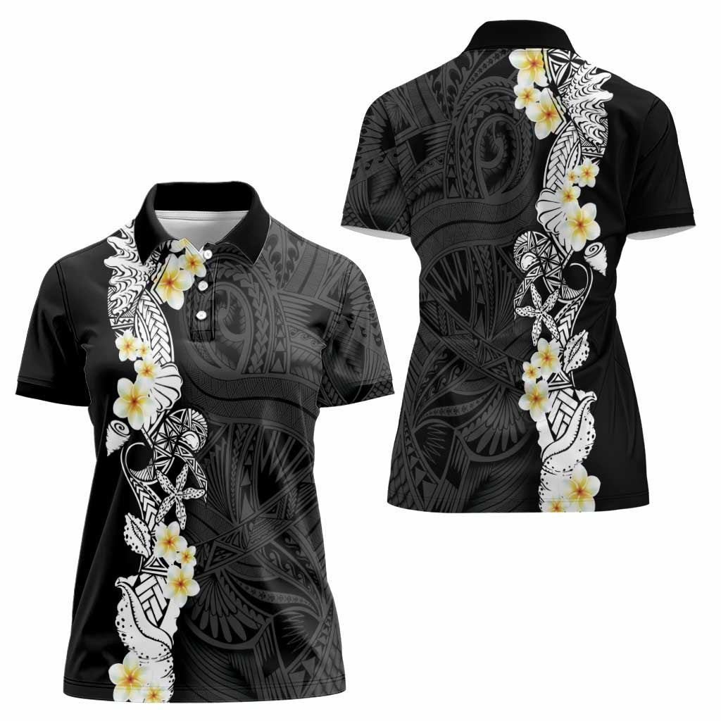 Black Samoa Tattoo Women Polo Shirt Plumeria Samoan Ocean Tatau Pattern - Polynesian Pride