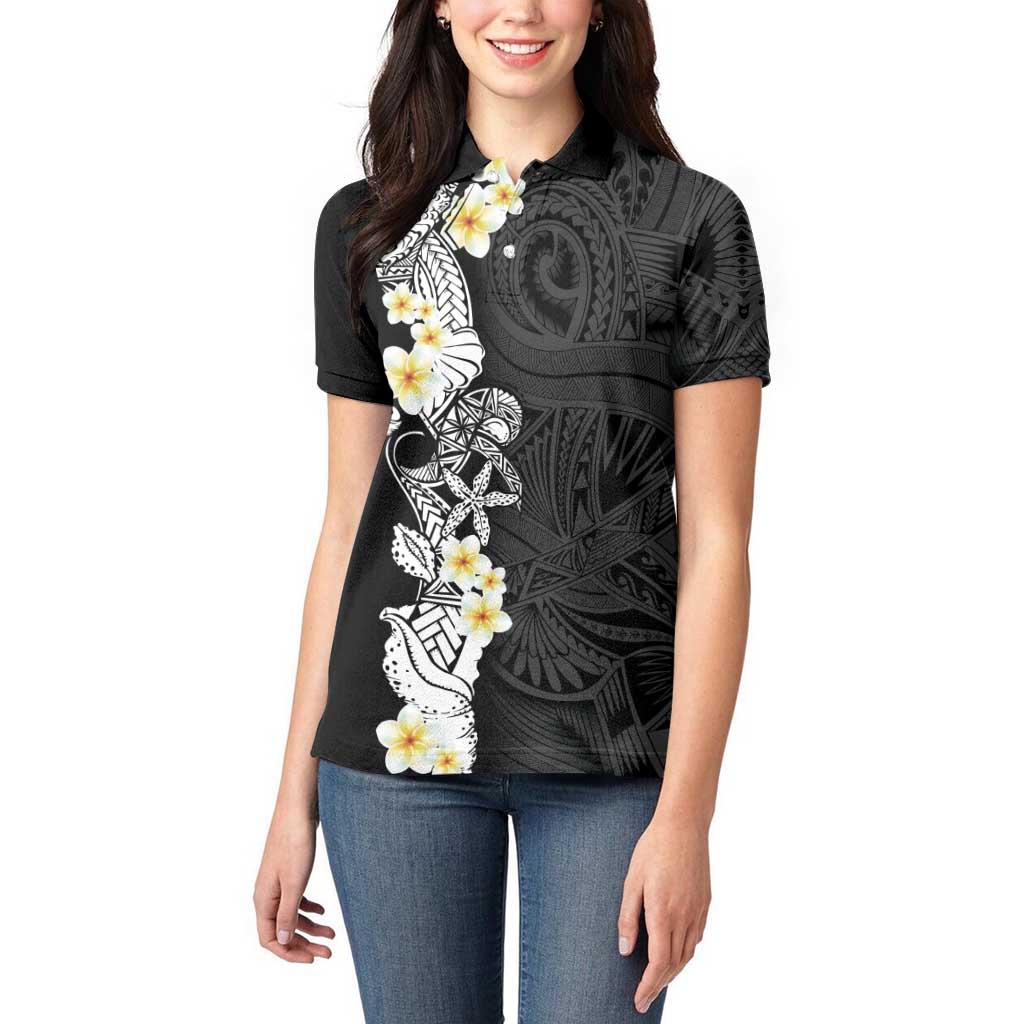 Black Samoa Tattoo Women Polo Shirt Plumeria Samoan Ocean Tatau Pattern - Polynesian Pride
