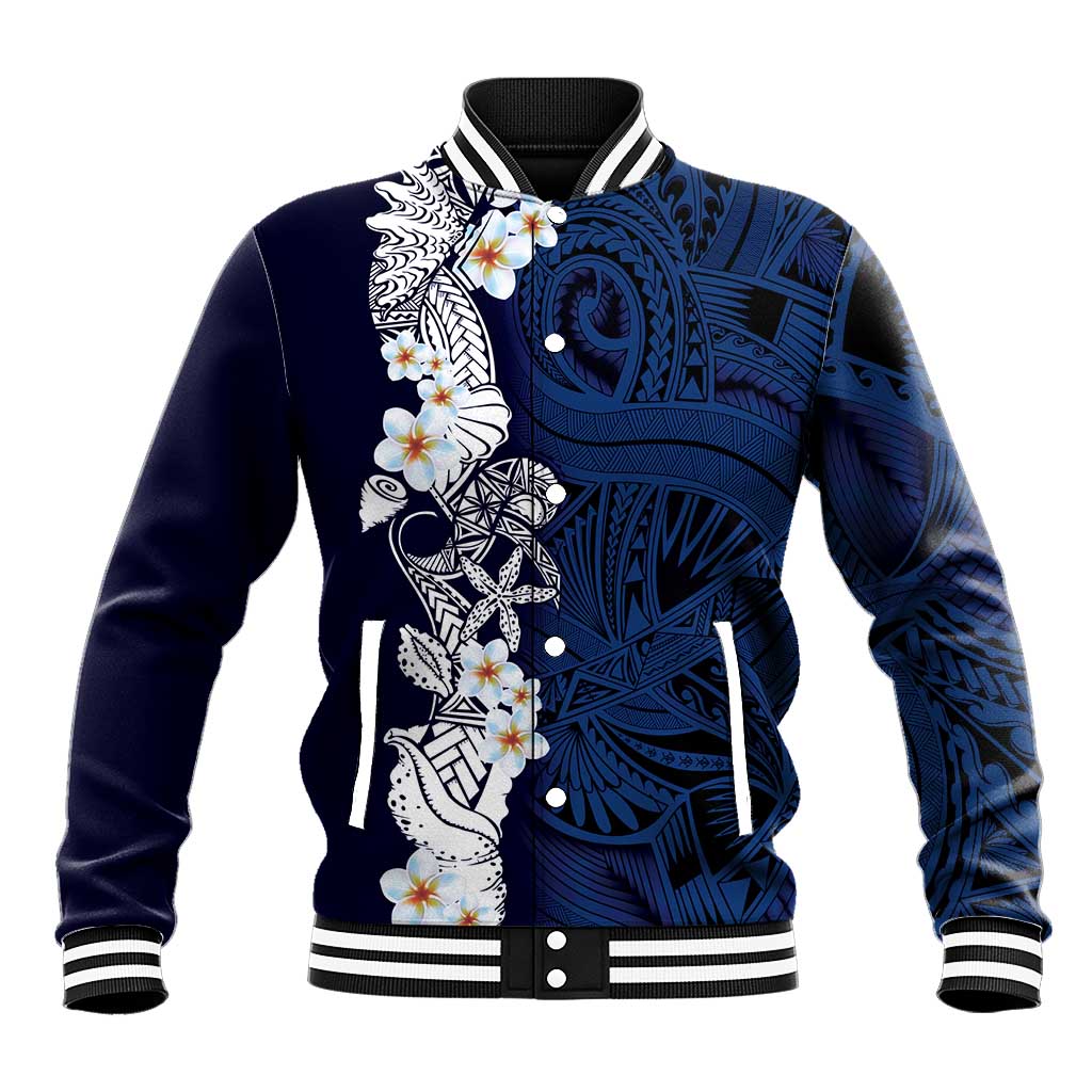Blue Samoa Tattoo Baseball Jacket Plumeria Samoan Ocean Tatau Pattern - Polynesian Pride