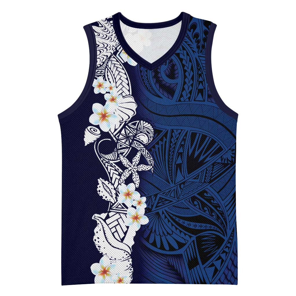 Blue Samoa Tattoo Basketball Jersey Plumeria Samoan Ocean Tatau Pattern - Polynesian Pride