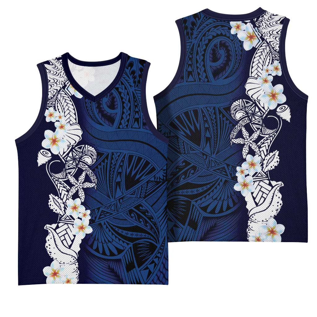 Blue Samoa Tattoo Basketball Jersey Plumeria Samoan Ocean Tatau Pattern - Polynesian Pride