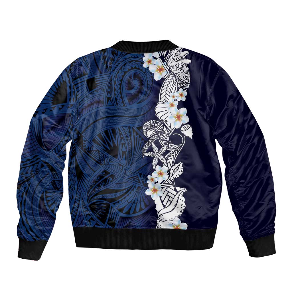 Blue Samoa Tattoo Bomber Jacket Plumeria Samoan Ocean Tatau Pattern - Polynesian Pride