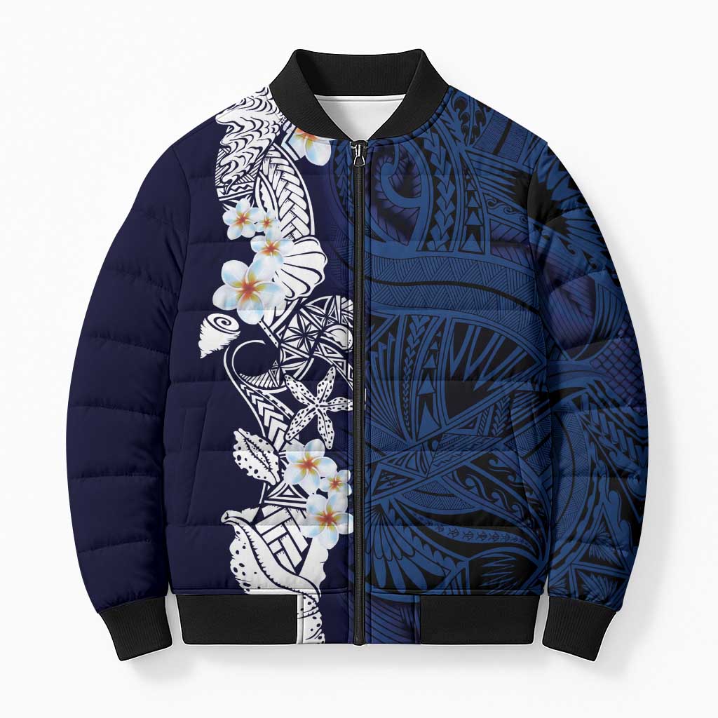 Blue Samoa Tattoo Bomber Puffer Jacket Plumeria Samoan Ocean Tatau Pattern - Polynesian Pride