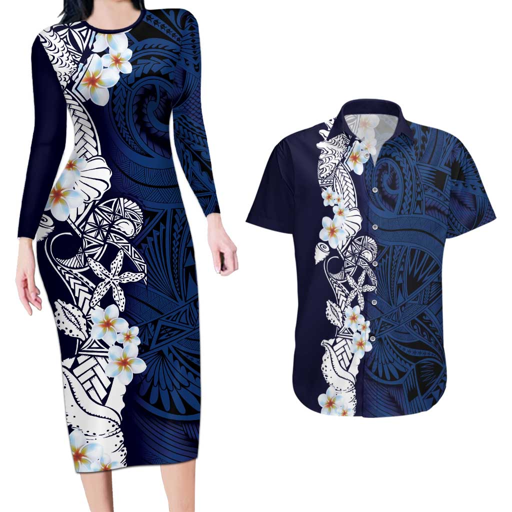 Blue Samoa Tattoo Couples Matching Long Sleeve Bodycon Dress and Hawaiian Shirt Plumeria Samoan Ocean Tatau Pattern - Polynesian Pride