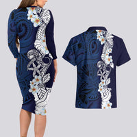 Blue Samoa Tattoo Couples Matching Long Sleeve Bodycon Dress and Hawaiian Shirt Plumeria Samoan Ocean Tatau Pattern - Polynesian Pride