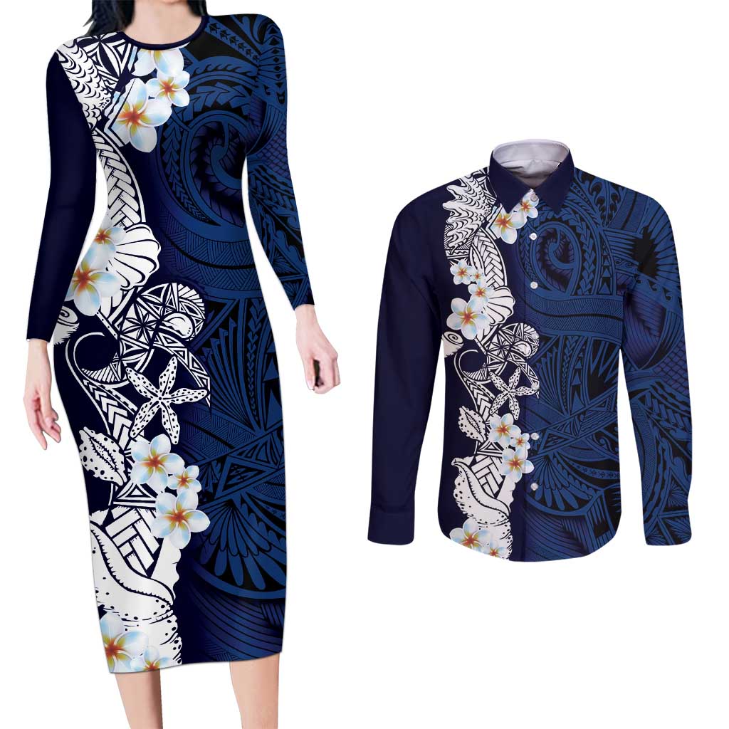 Blue Samoa Tattoo Couples Matching Long Sleeve Bodycon Dress and Long Sleeve Button Shirt Plumeria Samoan Ocean Tatau Pattern - Polynesian Pride