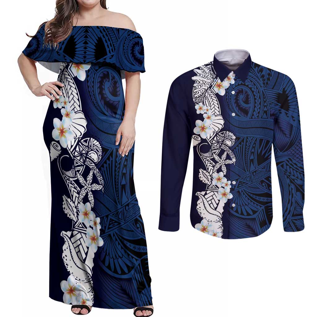 Blue Samoa Tattoo Couples Matching Off Shoulder Maxi Dress and Long Sleeve Button Shirt Plumeria Samoan Ocean Tatau Pattern - Polynesian Pride
