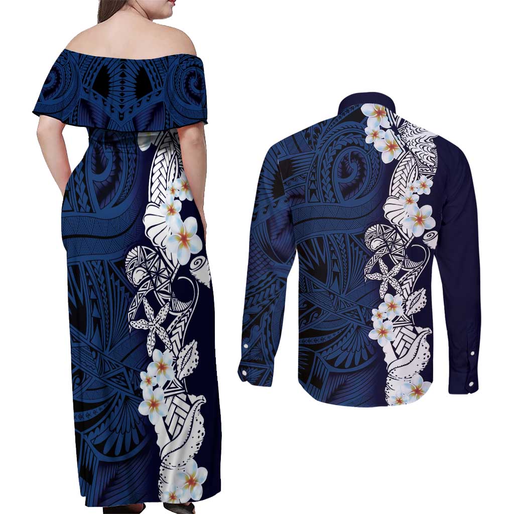 Blue Samoa Tattoo Couples Matching Off Shoulder Maxi Dress and Long Sleeve Button Shirt Plumeria Samoan Ocean Tatau Pattern - Polynesian Pride