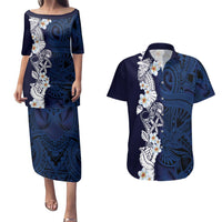 Blue Samoa Tattoo Couples Matching Puletasi and Hawaiian Shirt Plumeria Samoan Ocean Tatau Pattern - Polynesian Pride