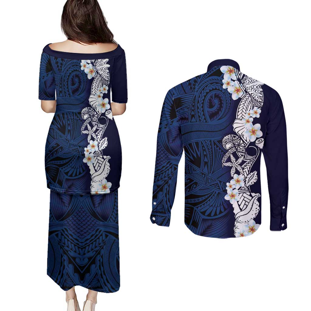 Blue Samoa Tattoo Couples Matching Puletasi and Long Sleeve Button Shirt Plumeria Samoan Ocean Tatau Pattern - Polynesian Pride