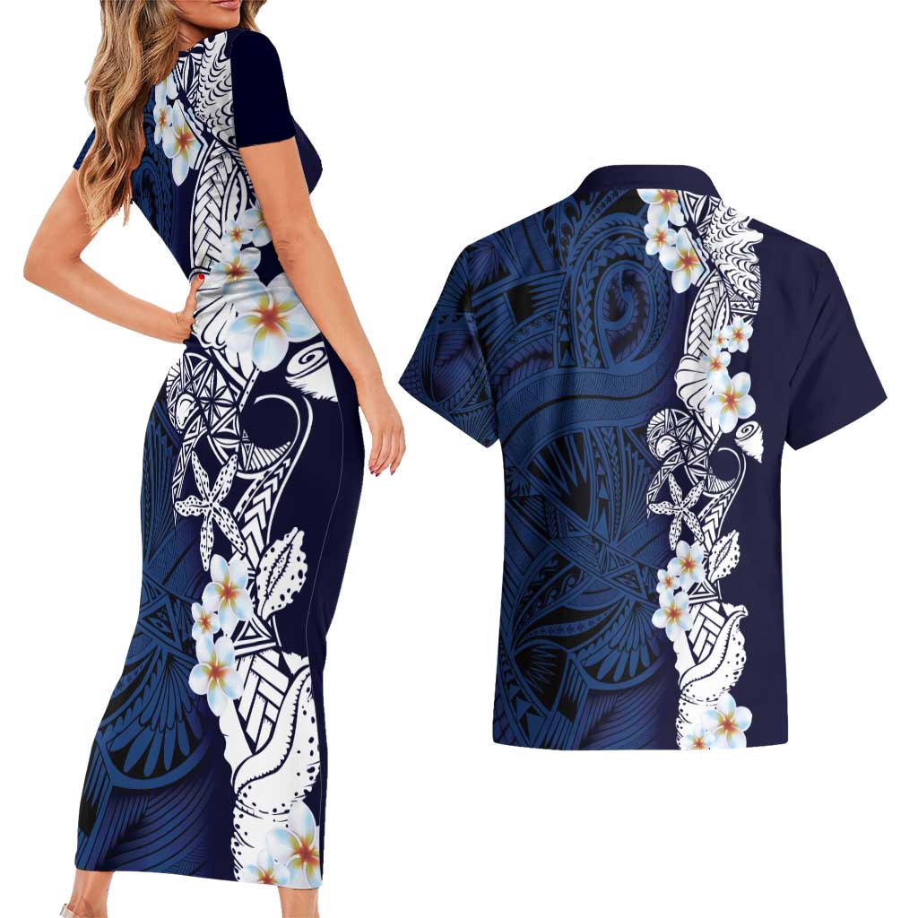 Blue Samoa Tattoo Couples Matching Short Sleeve Bodycon Dress and Hawaiian Shirt Plumeria Samoan Ocean Tatau Pattern - Polynesian Pride