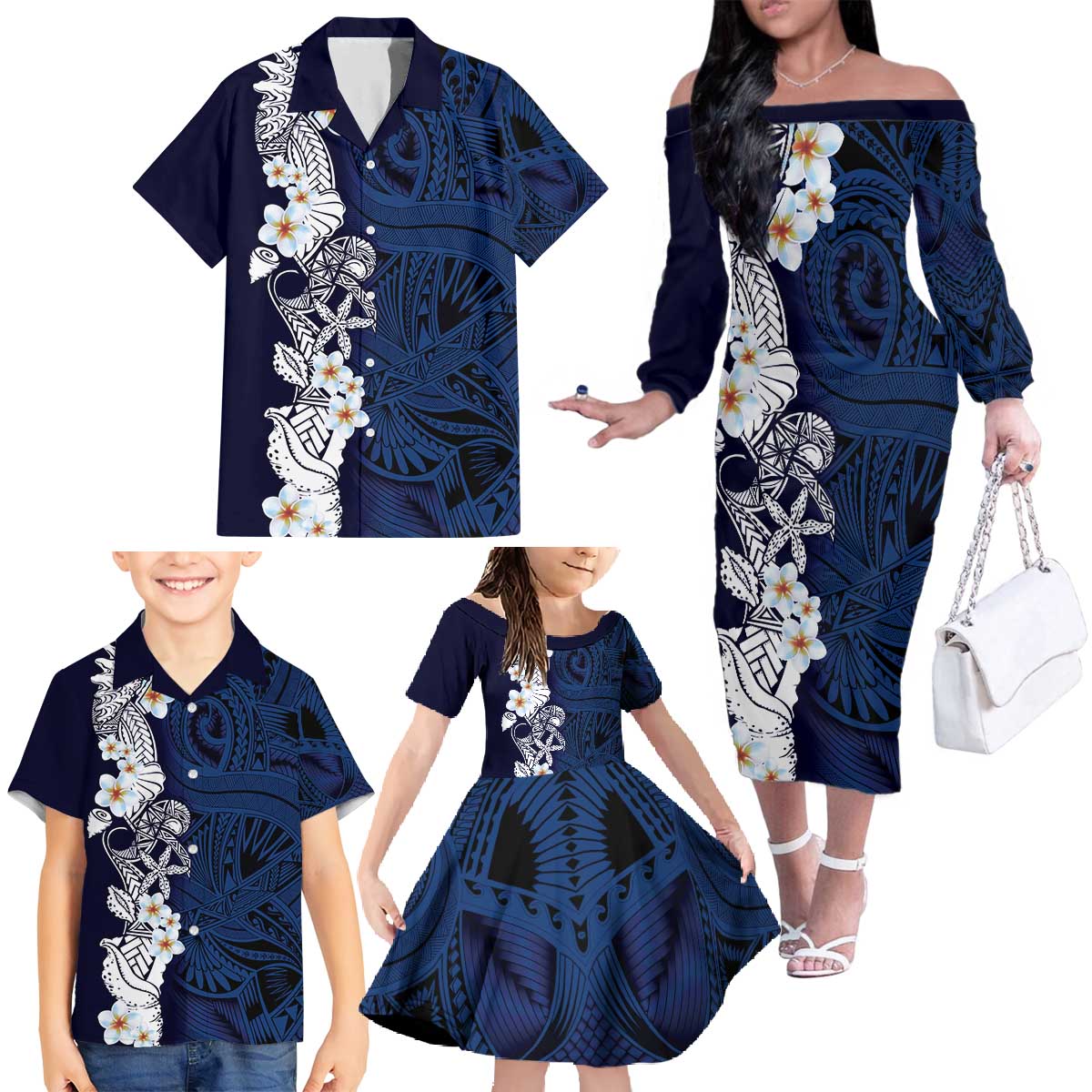 Blue Samoa Tattoo Family Matching Off The Shoulder Long Sleeve Dress and Hawaiian Shirt Plumeria Samoan Ocean Tatau Pattern - Polynesian Pride