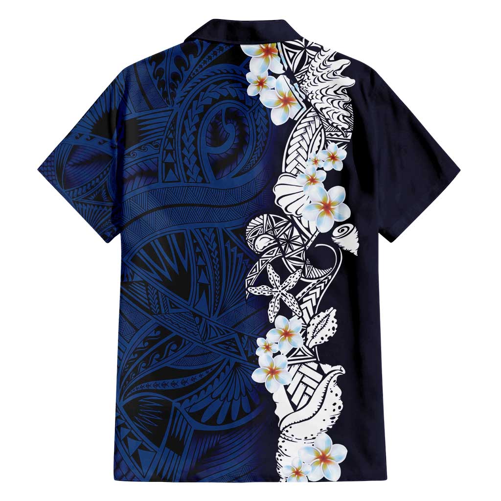 Blue Samoa Tattoo Family Matching Off Shoulder Short Dress and Hawaiian Shirt Plumeria Samoan Ocean Tatau Pattern - Polynesian Pride