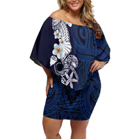 Blue Samoa Tattoo Family Matching Off Shoulder Short Dress and Hawaiian Shirt Plumeria Samoan Ocean Tatau Pattern - Polynesian Pride