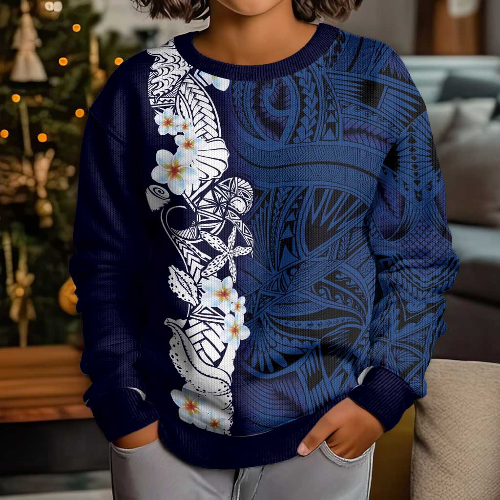 Blue Samoa Tattoo Kid Ugly Christmas Sweater Plumeria Samoan Ocean Tatau Pattern - Polynesian Pride