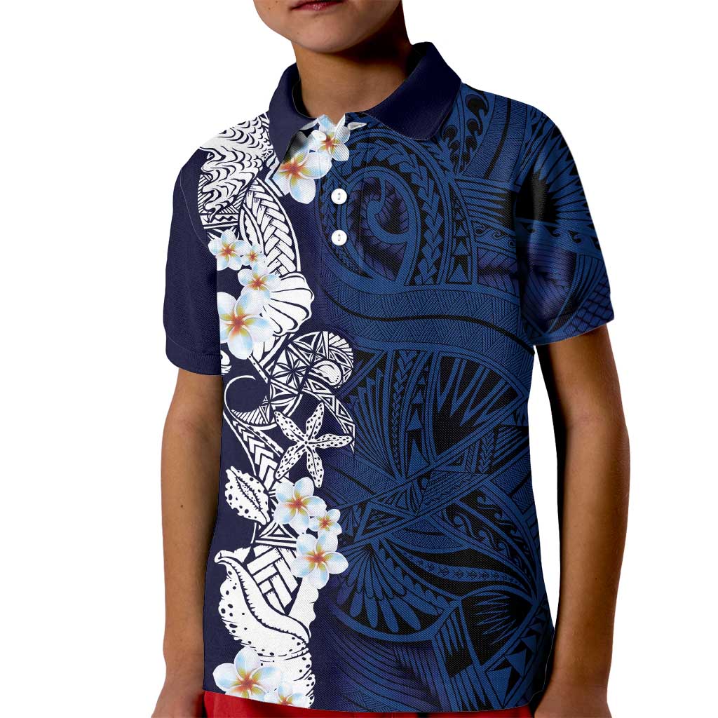 Blue Samoa Tattoo Kid Polo Shirt Plumeria Samoan Ocean Tatau Pattern - Polynesian Pride