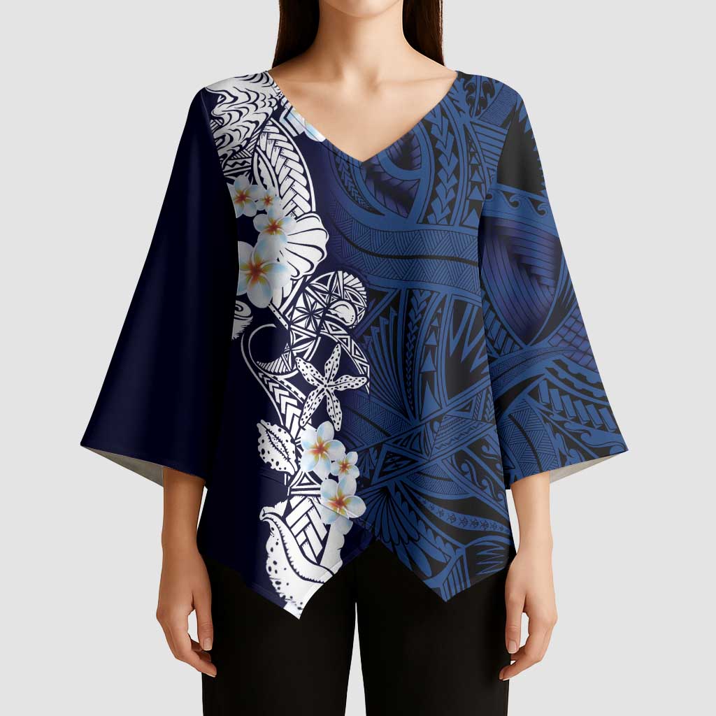 Blue Samoa Tattoo Kimono Sleeve Blouse Plumeria Samoan Ocean Tatau Pattern - Polynesian Pride