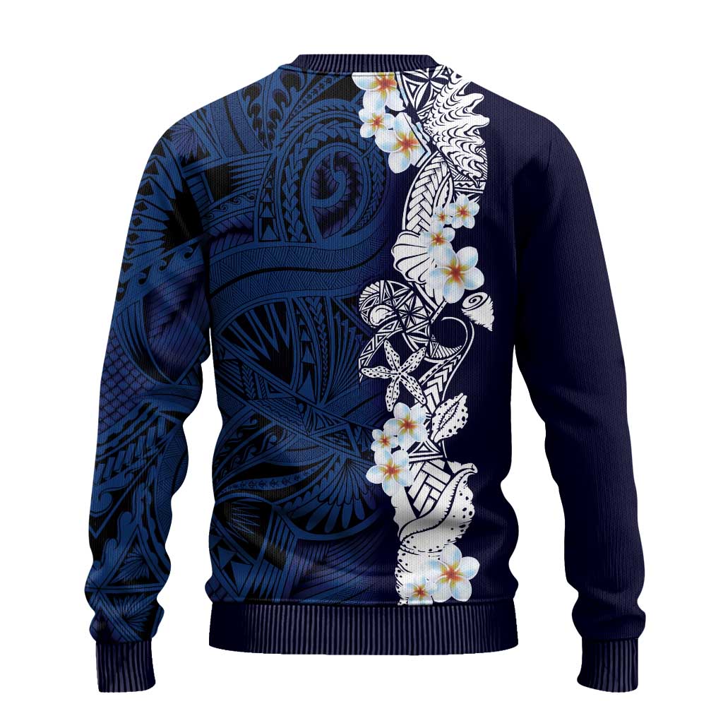 Blue Samoa Tattoo Ugly Christmas Sweater Plumeria Samoan Ocean Tatau Pattern - Polynesian Pride