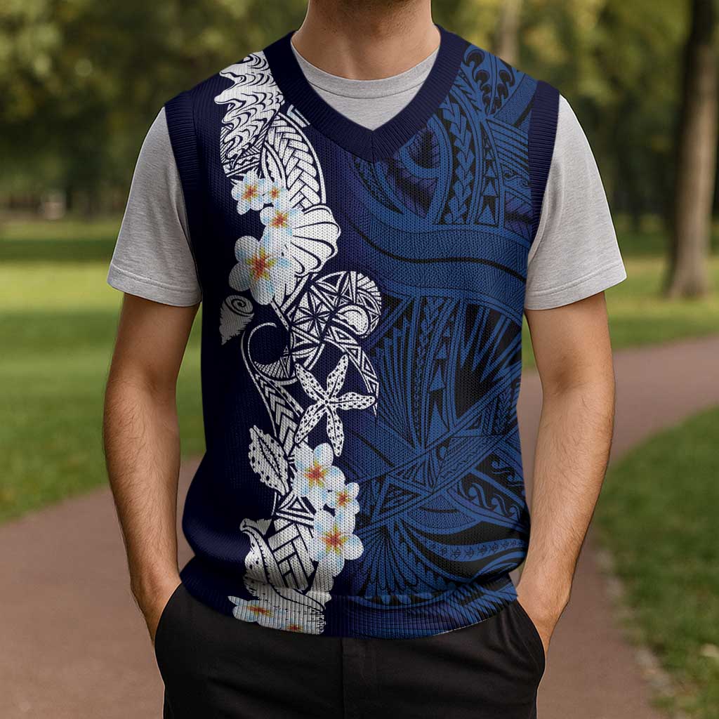 Blue Samoa Tattoo Christmas Knitted V-Neck Vest Plumeria Samoan Ocean Tatau Pattern - Polynesian Pride