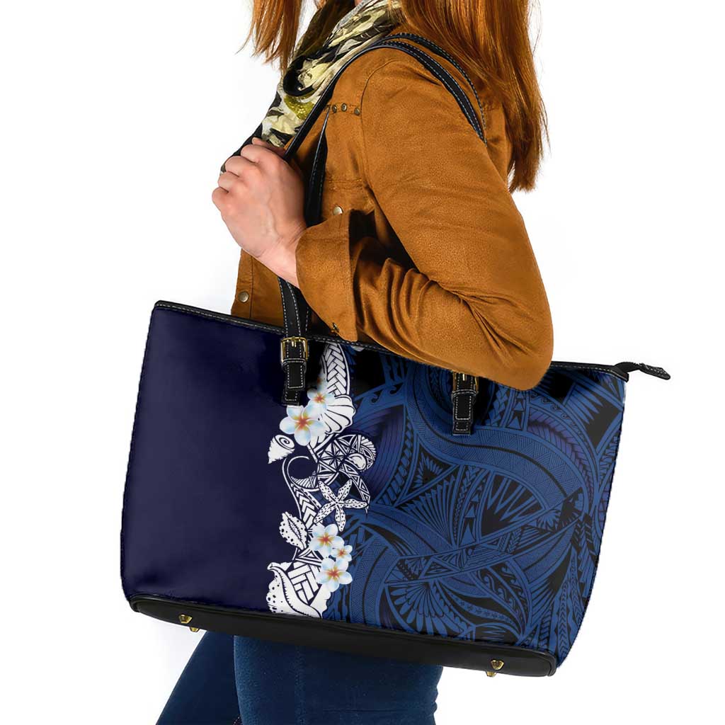 Blue Samoa Tattoo Leather Tote Bag Plumeria Samoan Ocean Tatau Pattern - Polynesian Pride