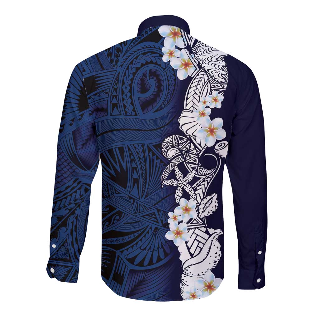 Blue Samoa Tattoo Long Sleeve Button Shirt Plumeria Samoan Ocean Tatau Pattern - Polynesian Pride