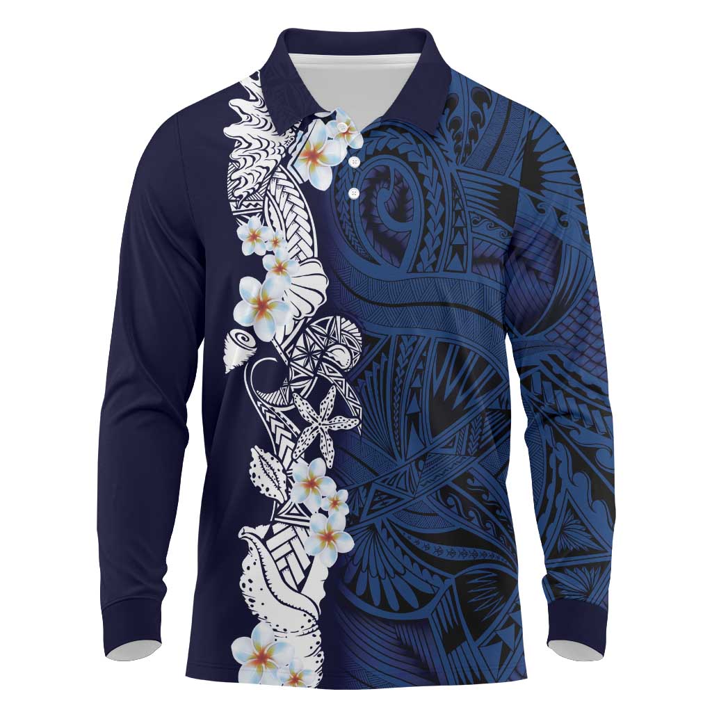 Blue Samoa Tattoo Long Sleeve Polo Shirt Plumeria Samoan Ocean Tatau Pattern - Polynesian Pride