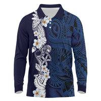 Blue Samoa Tattoo Long Sleeve Polo Shirt Plumeria Samoan Ocean Tatau Pattern - Polynesian Pride