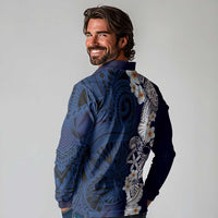 Blue Samoa Tattoo Long Sleeve Polo Shirt Plumeria Samoan Ocean Tatau Pattern - Polynesian Pride