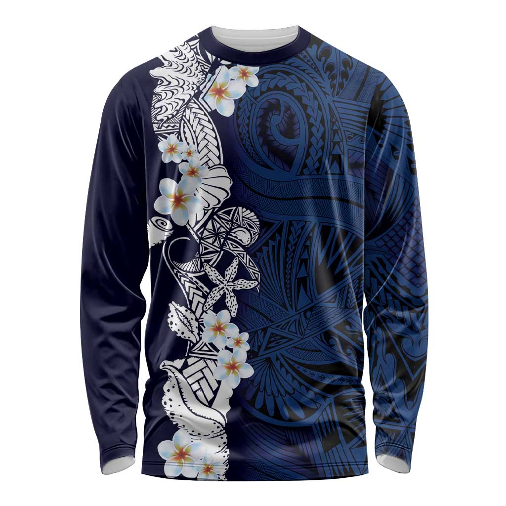 Blue Samoa Tattoo Long Sleeve Shirt Plumeria Samoan Ocean Tatau Pattern - Polynesian Pride