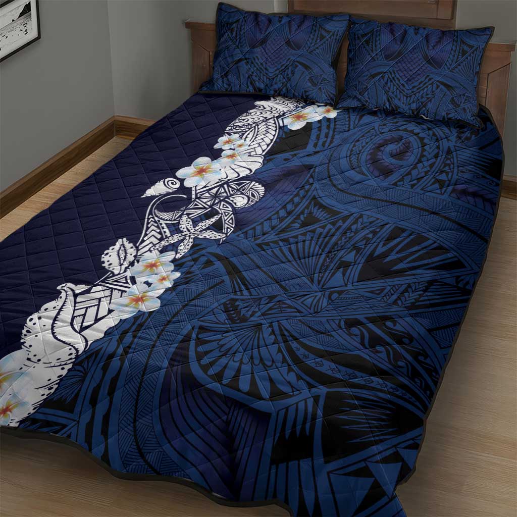 Blue Samoa Tattoo Quilt Bed Set Plumeria Samoan Ocean Tatau Pattern - Polynesian Pride