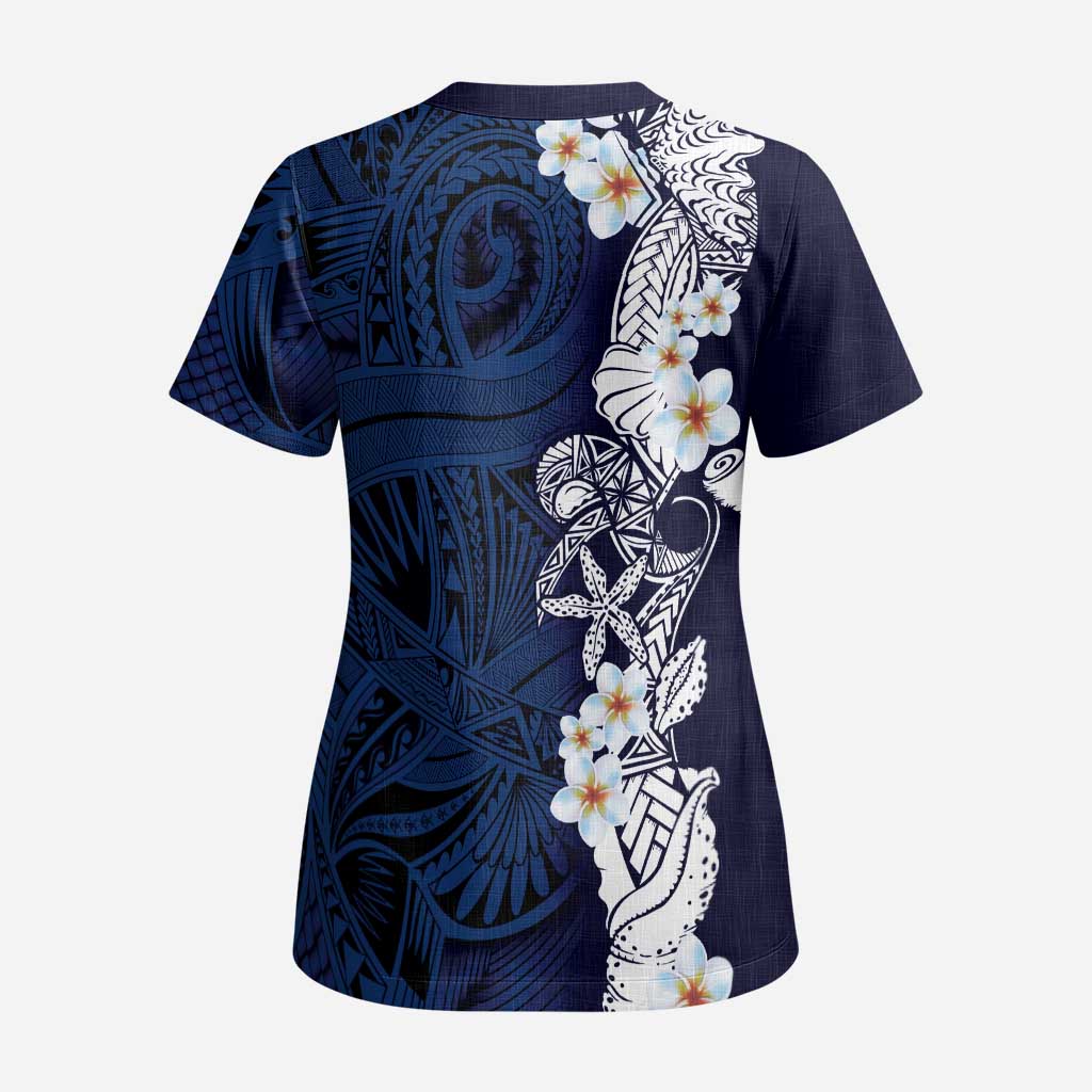 Blue Samoa Tattoo Scrub Top Plumeria Samoan Ocean Tatau Pattern - Polynesian Pride