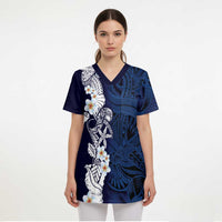 Blue Samoa Tattoo Scrub Top Plumeria Samoan Ocean Tatau Pattern - Polynesian Pride