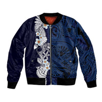 Blue Samoa Tattoo Sleeve Zip Bomber Jacket Plumeria Samoan Ocean Tatau Pattern - Polynesian Pride