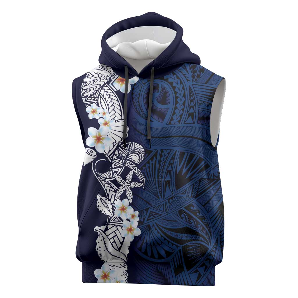Blue Samoa Tattoo Sleeveless Hoodie Plumeria Samoan Ocean Tatau Pattern - Polynesian Pride