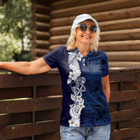 Blue Samoa Tattoo Women Polo Shirt Plumeria Samoan Ocean Tatau Pattern - Polynesian Pride