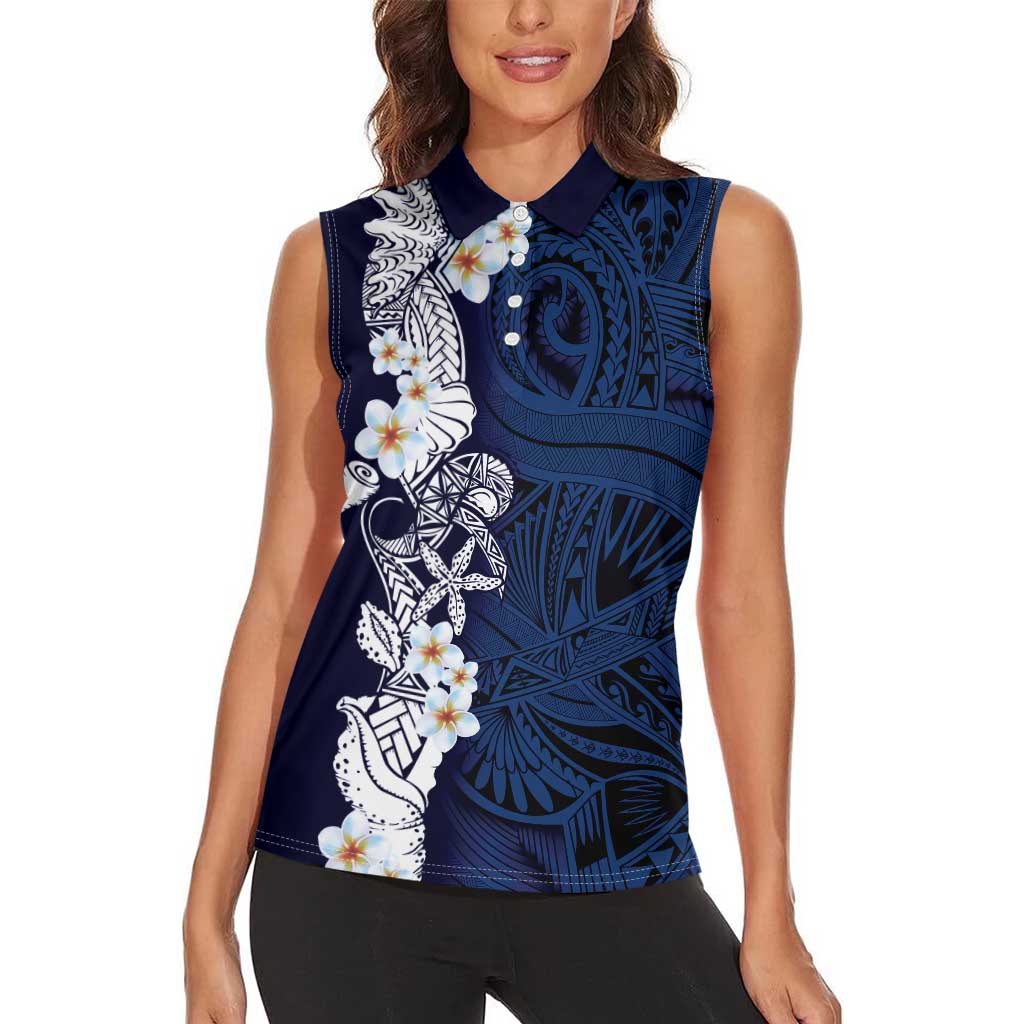 Blue Samoa Tattoo Women Sleeveless Polo Shirt Plumeria Samoan Ocean Tatau Pattern - Polynesian Pride