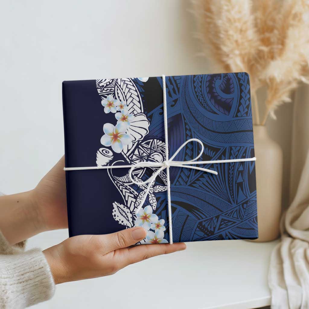 Blue Samoa Tattoo Wrapping Paper Plumeria Samoan Ocean Tatau Pattern - Polynesian Pride