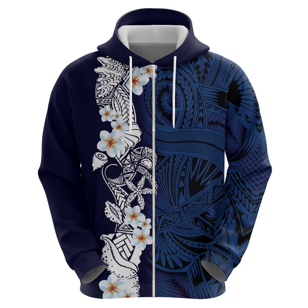 Blue Samoa Tattoo Zip Hoodie Plumeria Samoan Ocean Tatau Pattern - Polynesian Pride