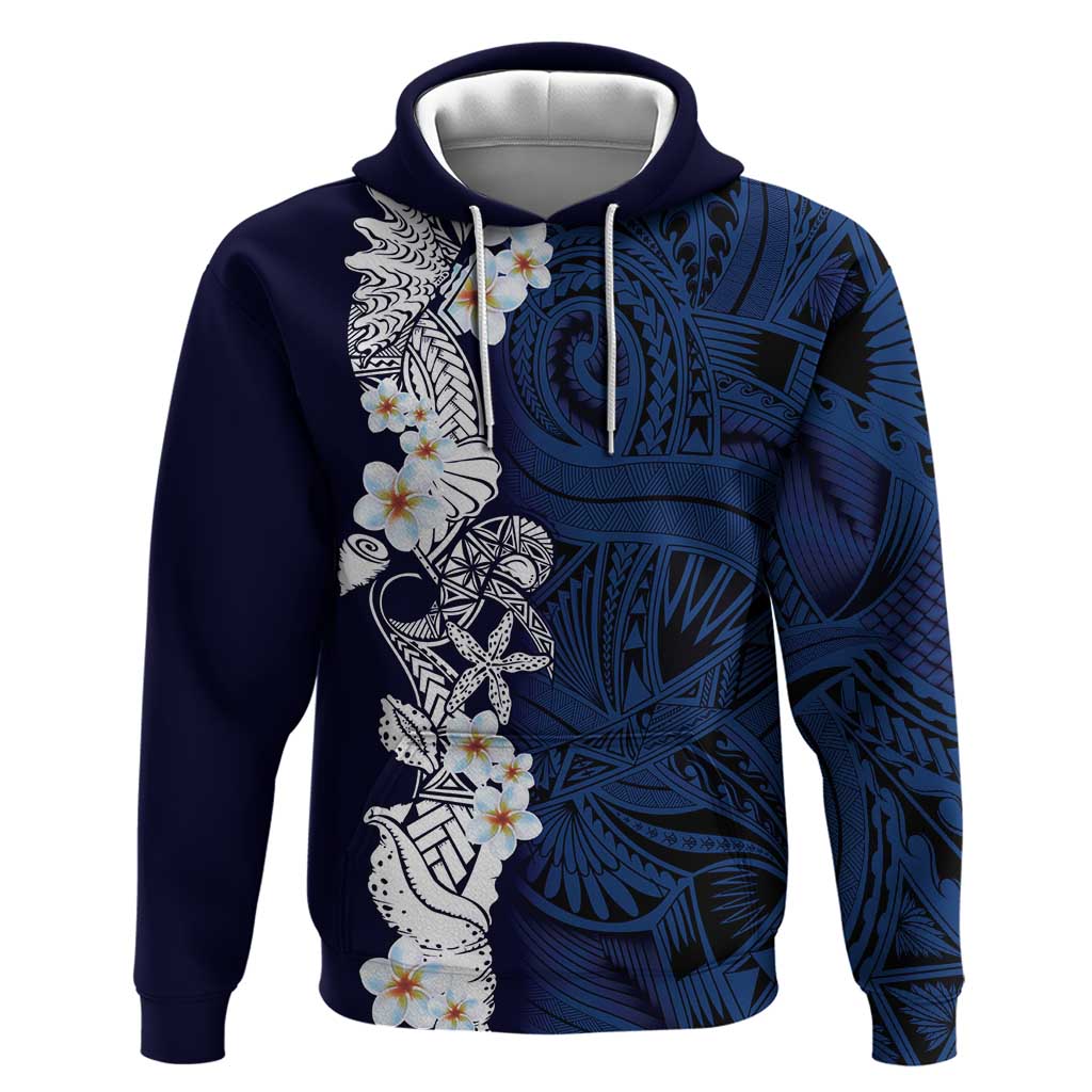 Blue Samoa Tattoo Zip Hoodie Plumeria Samoan Ocean Tatau Pattern - Polynesian Pride