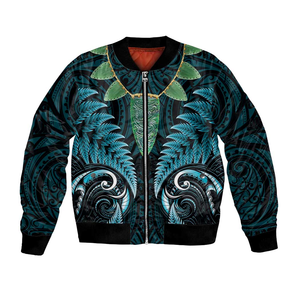 Aotearoa Pounamu Niho Bomber Jacket Silver Fern Mix Maori Pattern - Turquoise