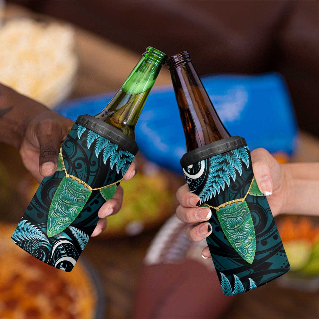 Aotearoa Pounamu Niho 4 in 1 Can Cooler Tumbler Silver Fern Mix Maori Pattern - Turquoise LT14 - Polynesian Pride