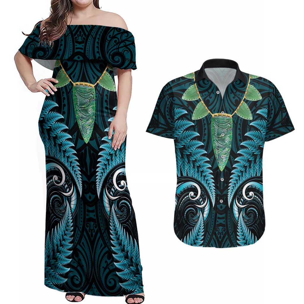 Aotearoa Pounamu Niho Couples Matching Off Shoulder Maxi Dress and Hawaiian Shirt Silver Fern Mix Maori Pattern - Turquoise LT14 Turquoise - Polynesian Pride