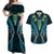 Aotearoa Pounamu Niho Couples Matching Off Shoulder Maxi Dress and Hawaiian Shirt Silver Fern Mix Maori Pattern - Turquoise