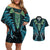 Aotearoa Pounamu Niho Couples Matching Off Shoulder Short Dress and Hawaiian Shirt Silver Fern Mix Maori Pattern - Turquoise