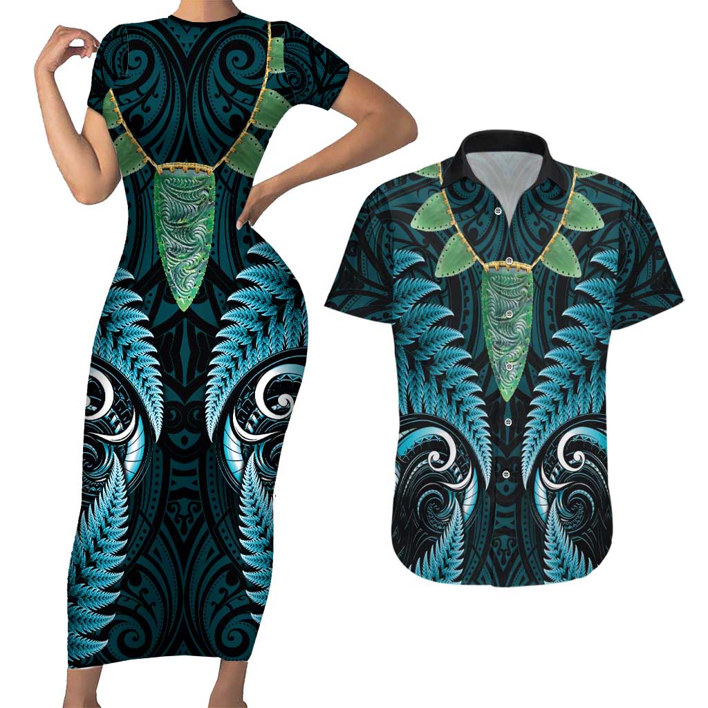 Aotearoa Pounamu Niho Couples Matching Short Sleeve Bodycon Dress and Hawaiian Shirt Silver Fern Mix Maori Pattern - Turquoise